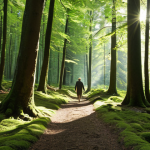 A serene scene featuring a person walking peacefully through a sun-dappled German "Wald" (forest), with tall, mature trees and soft light filtering through the canopy. The atmosphere should convey deep tranquility and stress reduction, emphasizing mental clarity and the calming effect of nature. Show subtle details like mossy ground or a quiet stream, reflecting the "Waldbaden" (forest bathing) experience.
