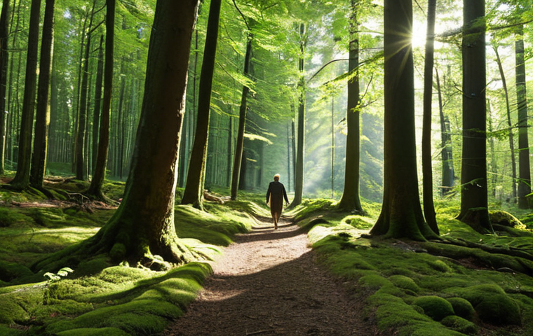 A serene scene featuring a person walking peacefully through a sun-dappled German "Wald" (forest), with tall, mature trees and soft light filtering through the canopy. The atmosphere should convey deep tranquility and stress reduction, emphasizing mental clarity and the calming effect of nature. Show subtle details like mossy ground or a quiet stream, reflecting the "Waldbaden" (forest bathing) experience.