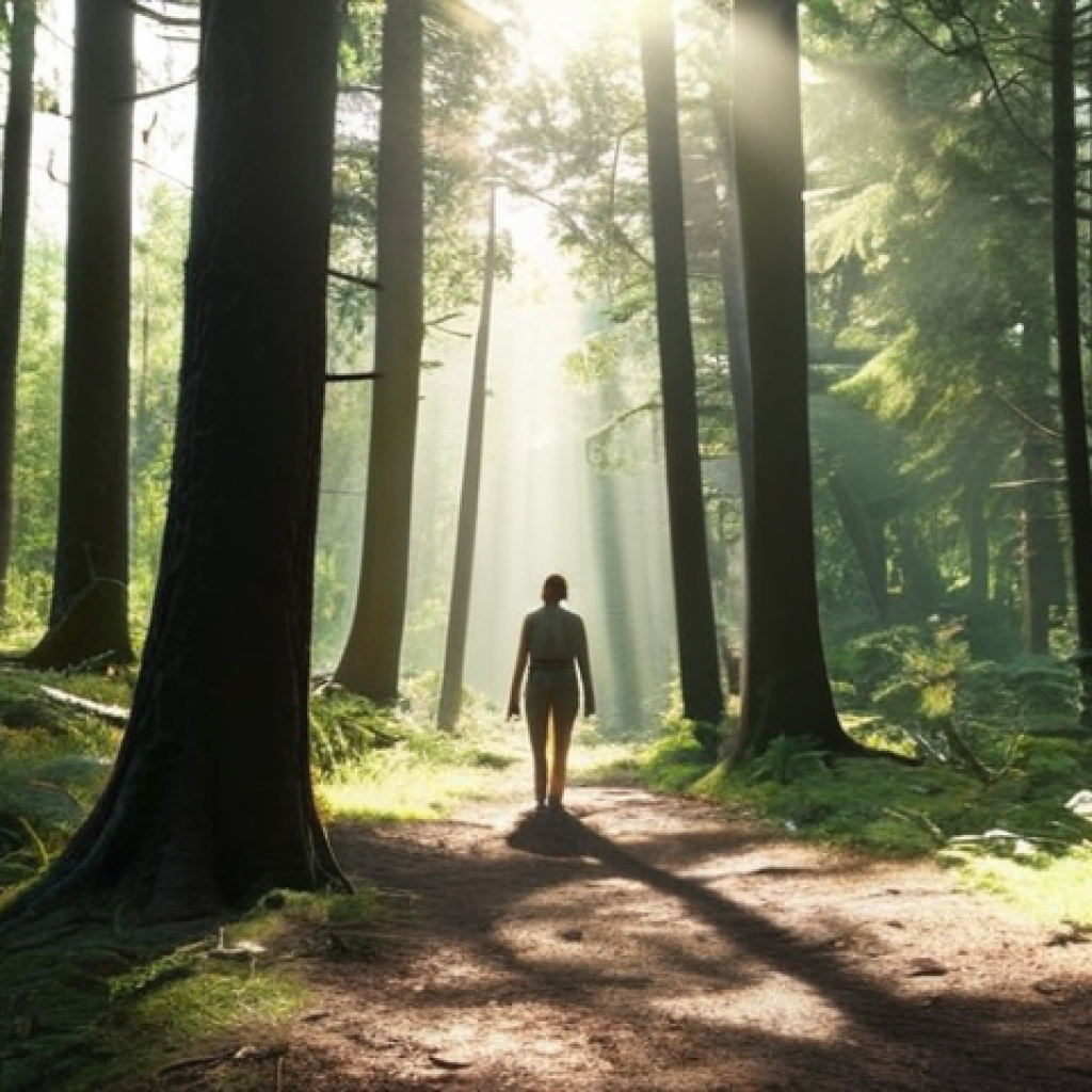 **

A person peacefully walking on a forest path, sunlight filtering through the trees, evoking a sense of calm and stress relief. Focus on natural light and the feeling of immersion in nature.

**