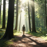 **

A person peacefully walking on a forest path, sunlight filtering through the trees, evoking a sense of calm and stress relief. Focus on natural light and the feeling of immersion in nature.

**