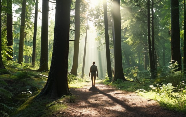 **
A person peacefully walking on a forest path, sunlight filtering through the trees, evoking a sense of calm and stress relief. Focus on natural light and the feeling of immersion in nature.
**