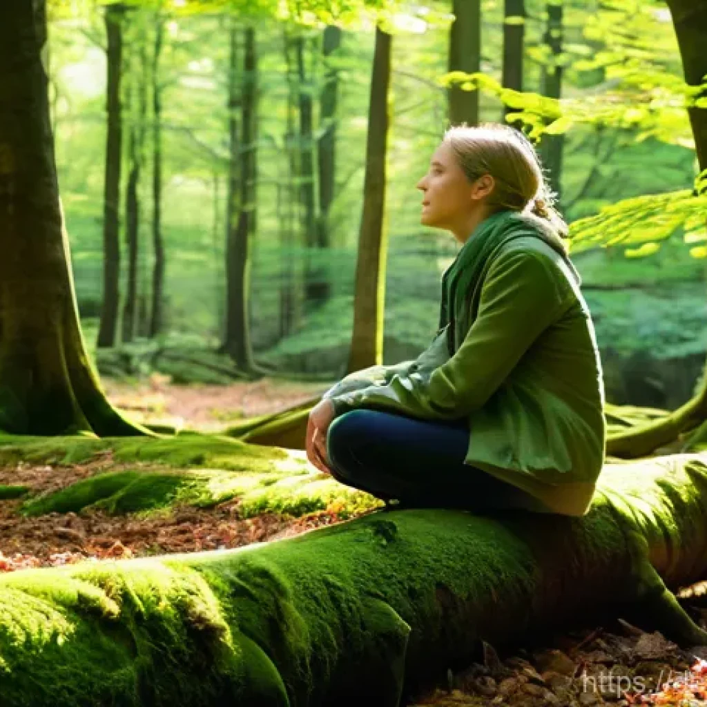 자연과의 연결을 통한 자기 치유 - **Prompt:** "A serene, sun-dappled forest scene. A person, appearing to be in their late 20s, sits p...