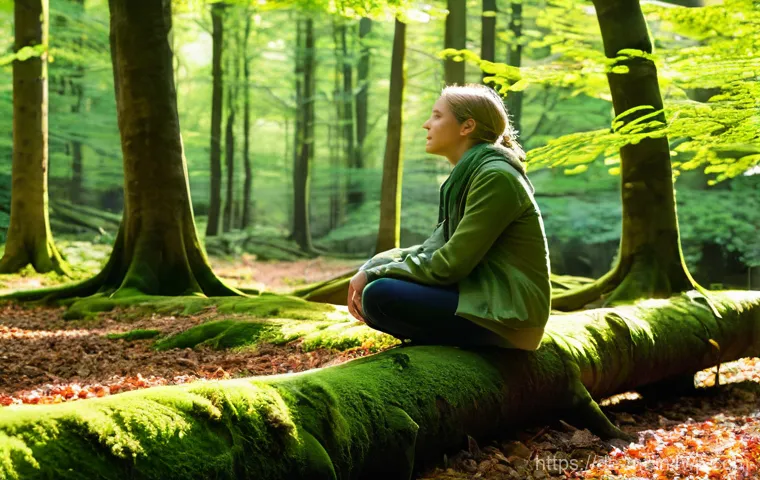 자연과의 연결을 통한 자기 치유 - **Prompt:** "A serene, sun-dappled forest scene. A person, appearing to be in their late 20s, sits p...