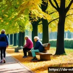 Home 18 자연과의 연결을 통해 심리적 회복력 높이기 - A serene urban park scene in Germany during early autumn, showing a diverse group of adults and elde...