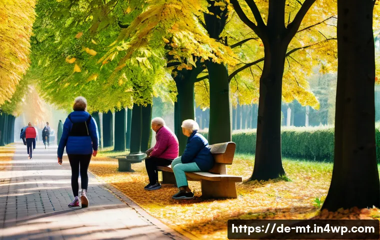 자연과의 연결을 통해 심리적 회복력 높이기 - A serene urban park scene in Germany during early autumn, showing a diverse group of adults and elde...