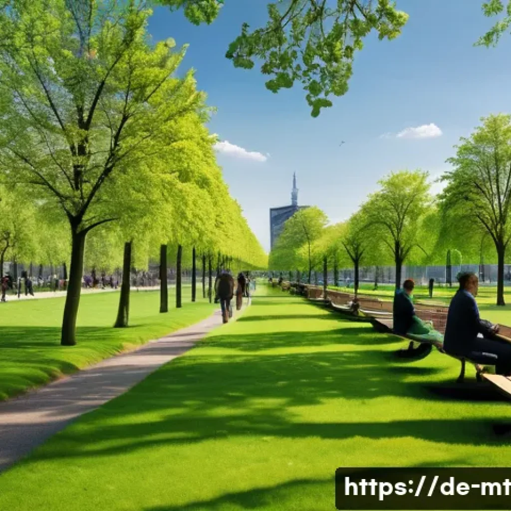 자연과의 연결이 주는 직업적 스트레스 해소 - A serene urban park scene in Germany during springtime, featuring a diverse group of office workers ...