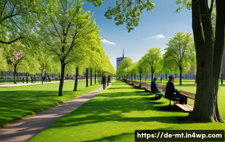 자연과의 연결이 주는 직업적 스트레스 해소 - A serene urban park scene in Germany during springtime, featuring a diverse group of office workers ...