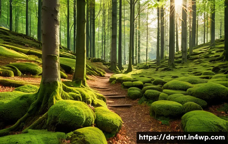 자연 환경이 주는 심리적 혜택의 과학적 근거 - A serene forest scene in Germany during early autumn, featuring tall, dense trees with golden and gr...