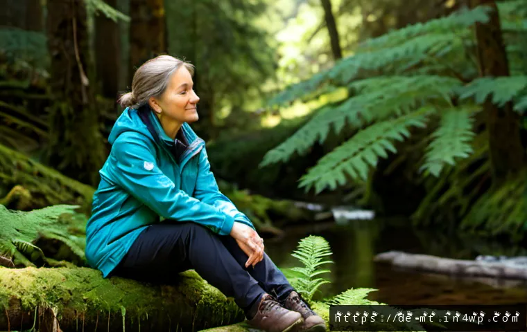 자연에 대한 감사가 주는 심리적 효과 - Photorealistic early-morning scene in Germany’s Black Forest, a relaxed middle-aged woman in a modes...