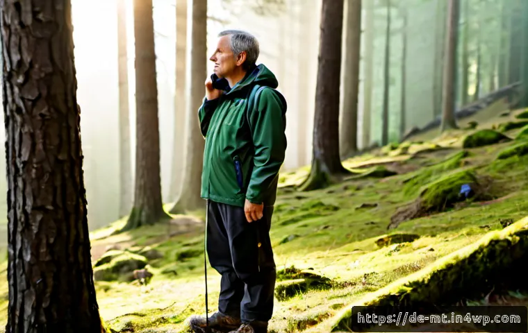 자연 속에서의 귀 기울이기 훈련 - Photorealistic early morning in a quiet Black Forest clearing, a middle-aged German hiker in practic...